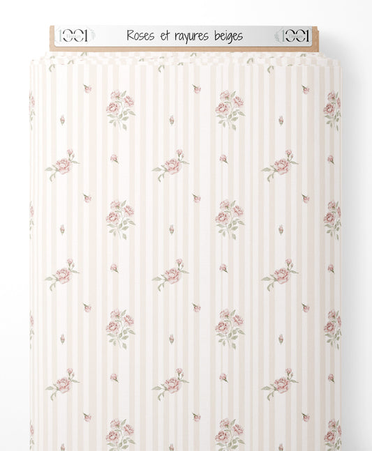 Tissu - Roses et rayures beiges