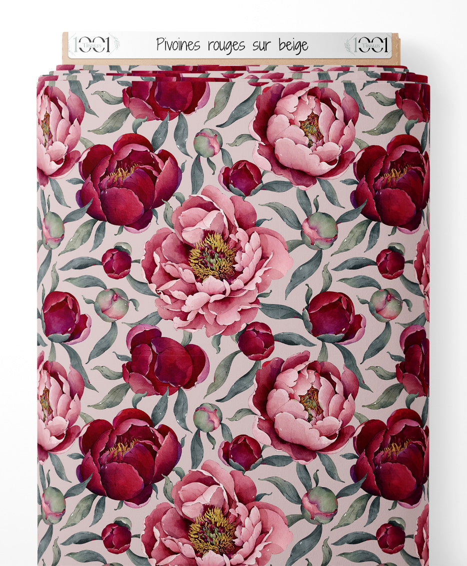 Tissu - Pivoines rouges sur beige