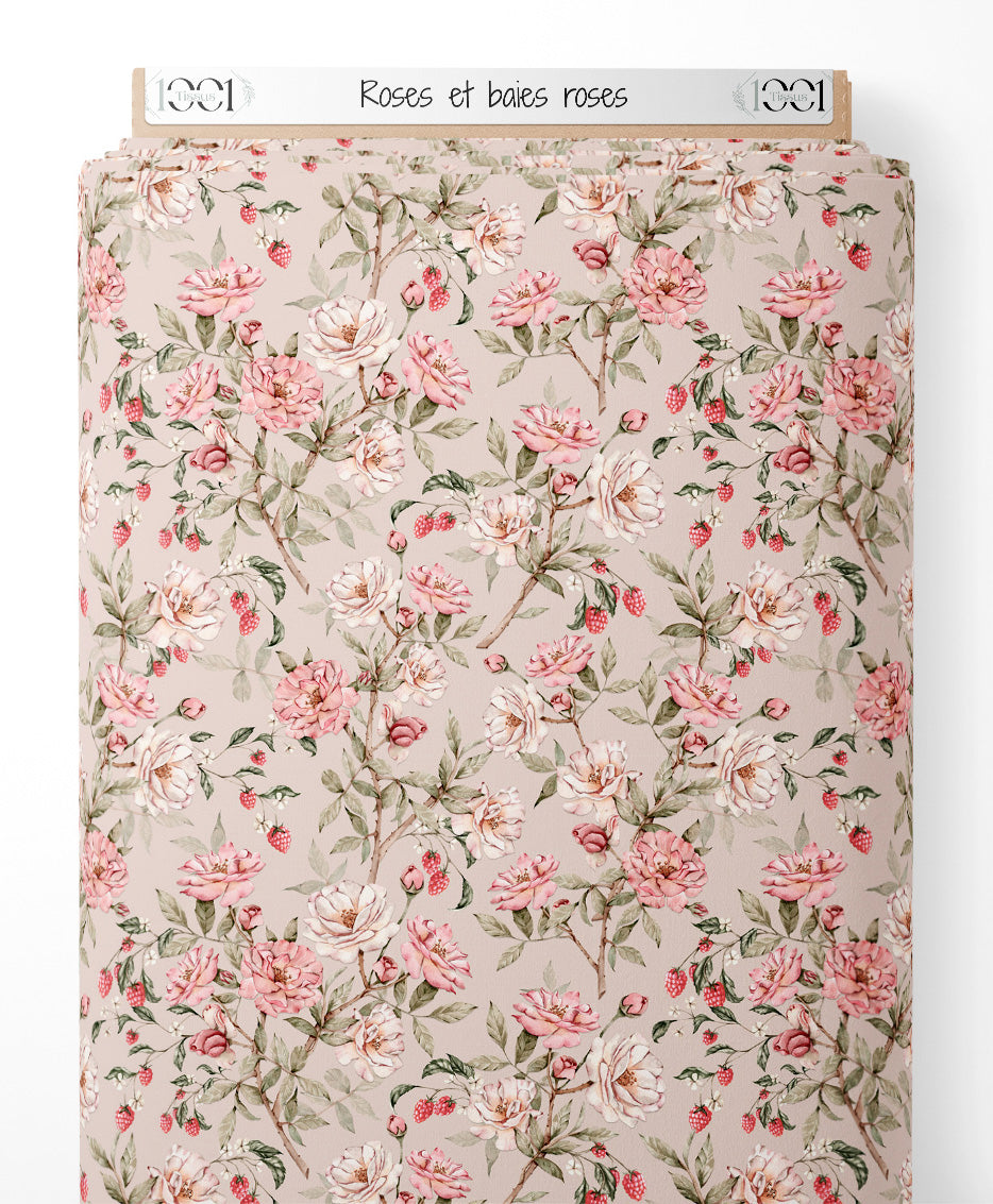Tissu - Roses et baies roses