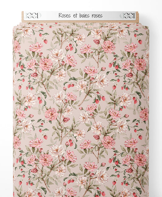 Tissu - Roses et baies roses