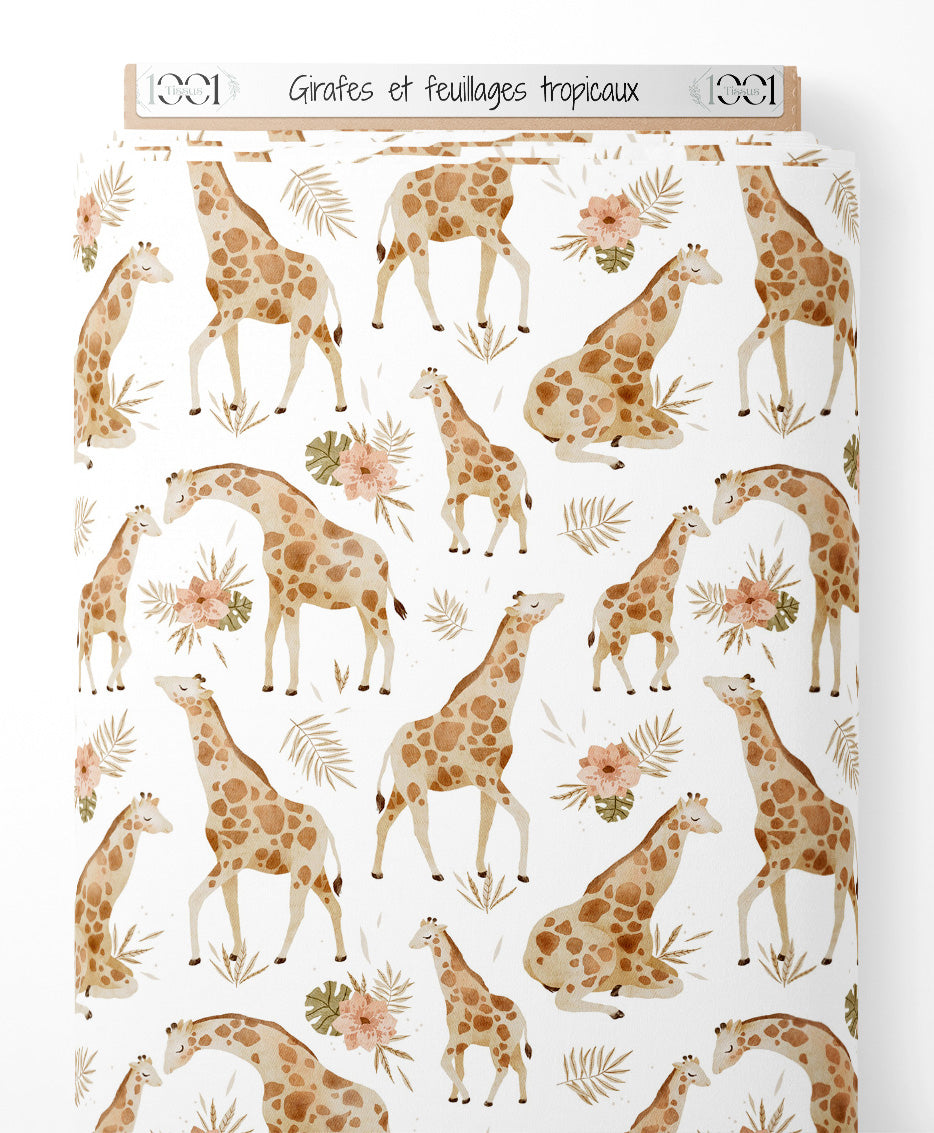 Tissu - Girafes et feuillages tropicaux
