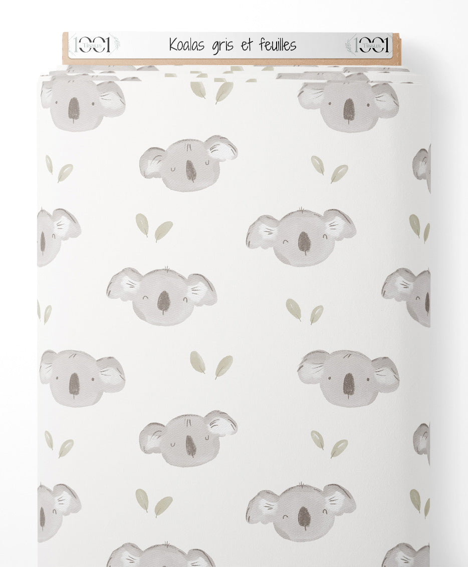 Tissu - Koalas gris et feuilles