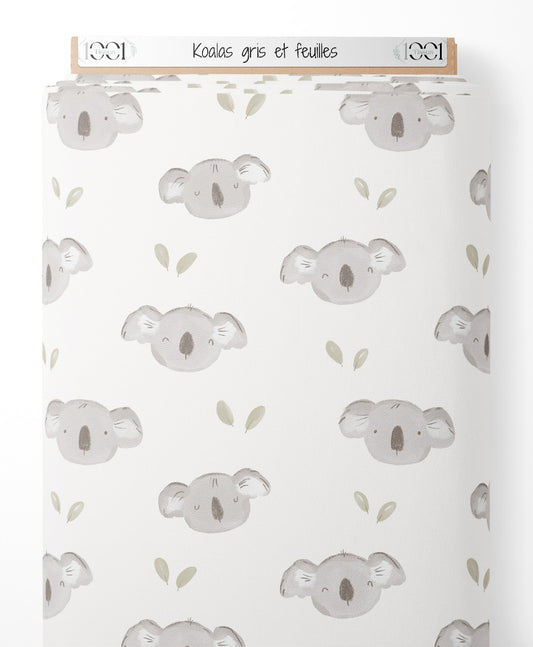 Tissu - Koalas gris et feuilles