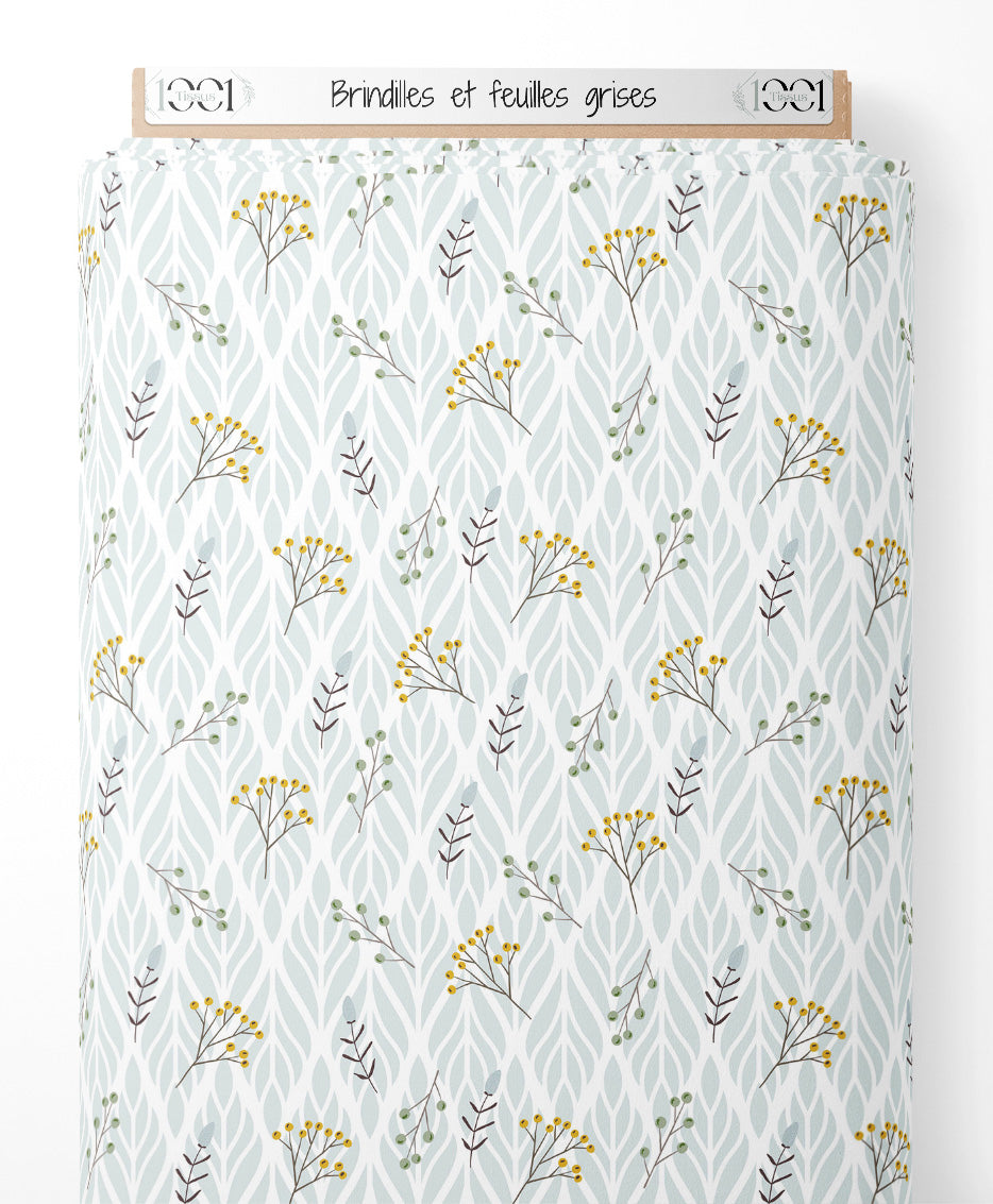 Tissu - Brindilles et feuilles grises