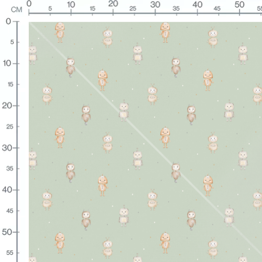 Tissu - Petits robots sur fond vert