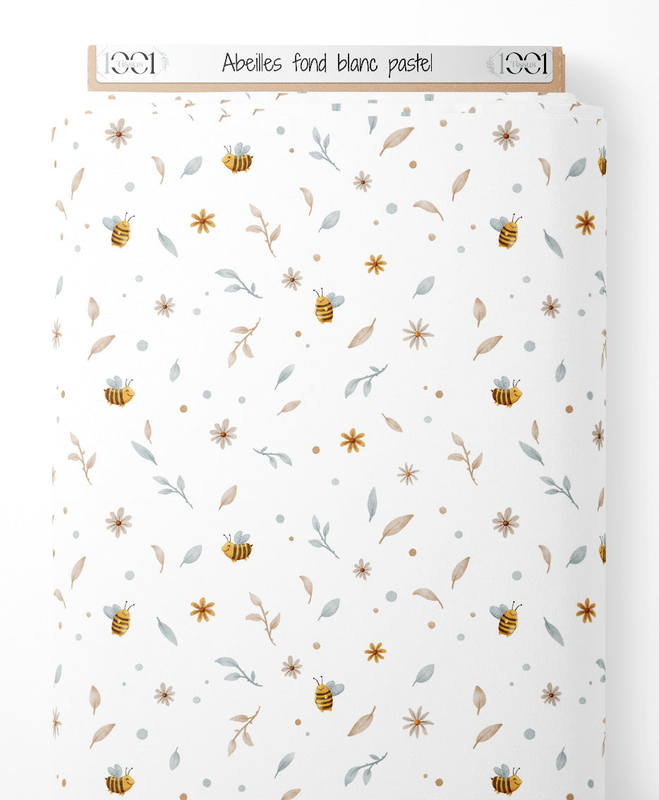 Tissu - Abeilles sur fond blanc pastel