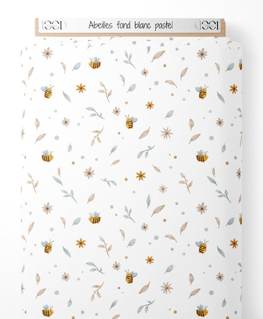 Tissu - Abeilles sur fond blanc pastel