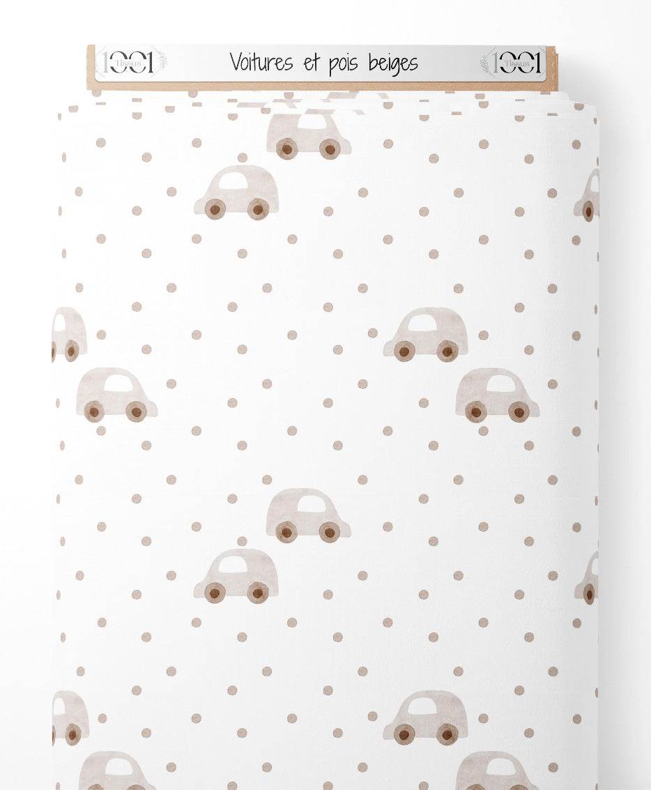 Tissu - Voitures et pois beiges