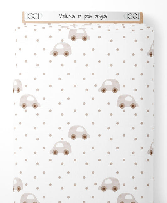 Tissu - Voitures et pois beiges