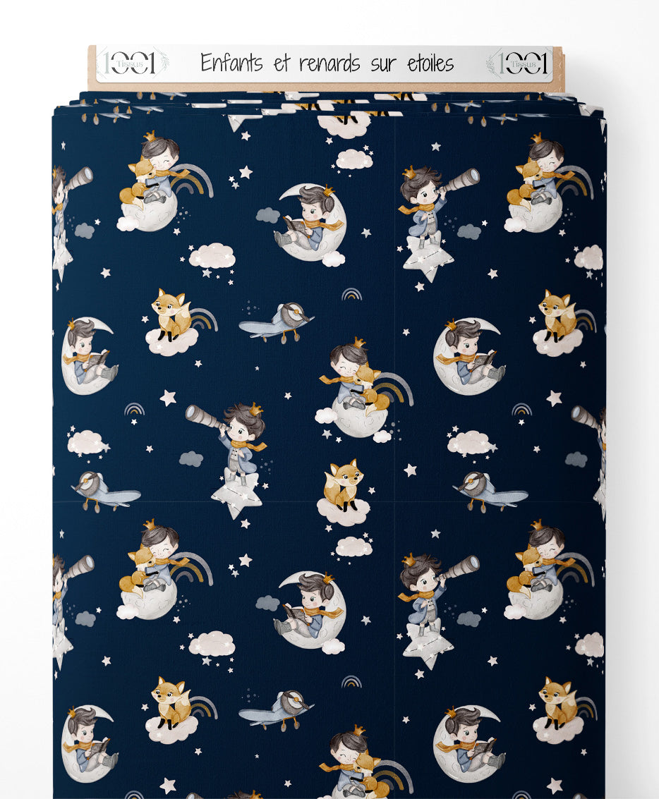 Tissu - Enfants et renards sur étoiles