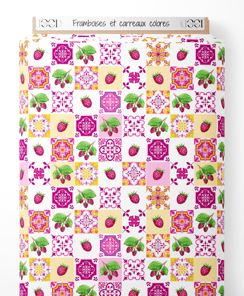 Tissu - Framboises et carreaux colorés