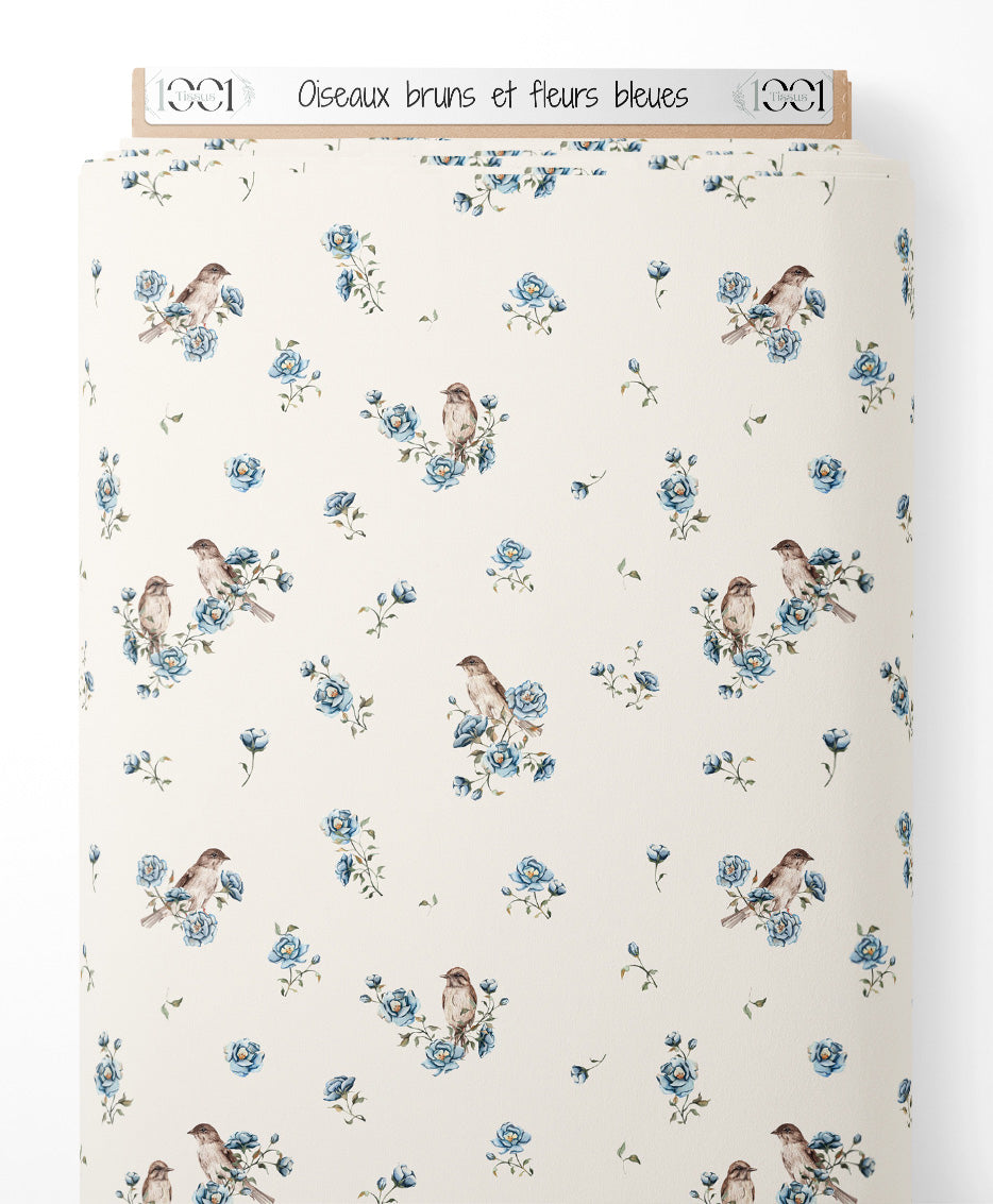 Tissu - Oiseaux bruns et fleurs bleues