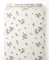 Tissu - Oiseaux bruns et fleurs bleues
