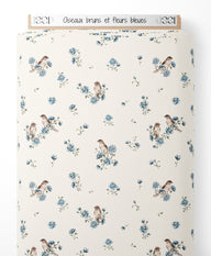 Tissu - Oiseaux bruns et fleurs bleues