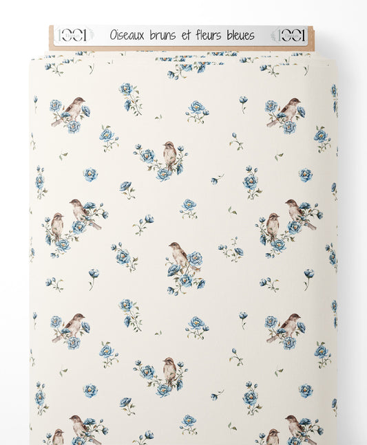 Tissu - Oiseaux bruns et fleurs bleues