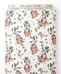 Tissu - Plantes joyeuses sur fond blanc