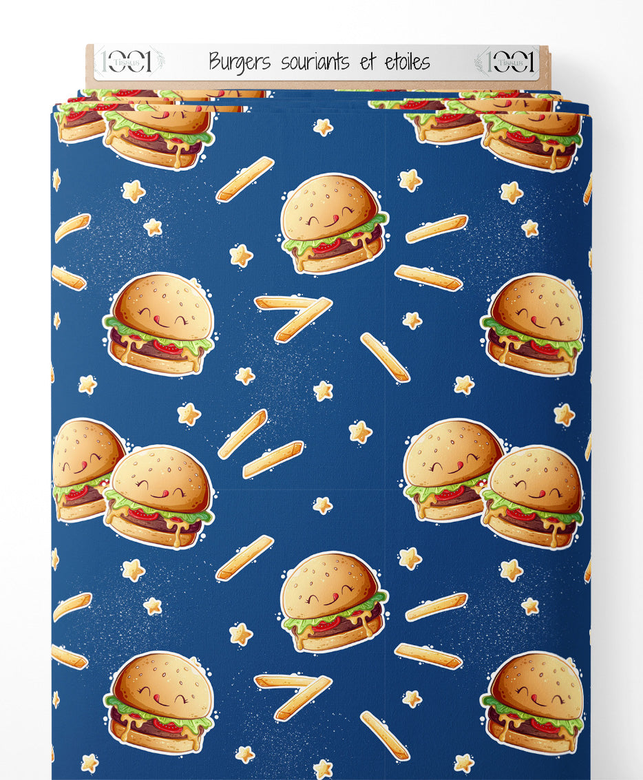 Tissu - Burgers souriants et étoiles