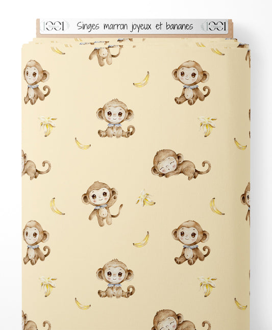 Tissu - Singes marron joyeux et bananes