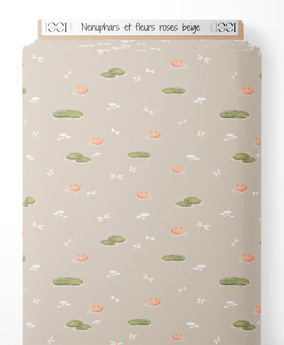 Tissu - Nénuphars et fleurs roses beige