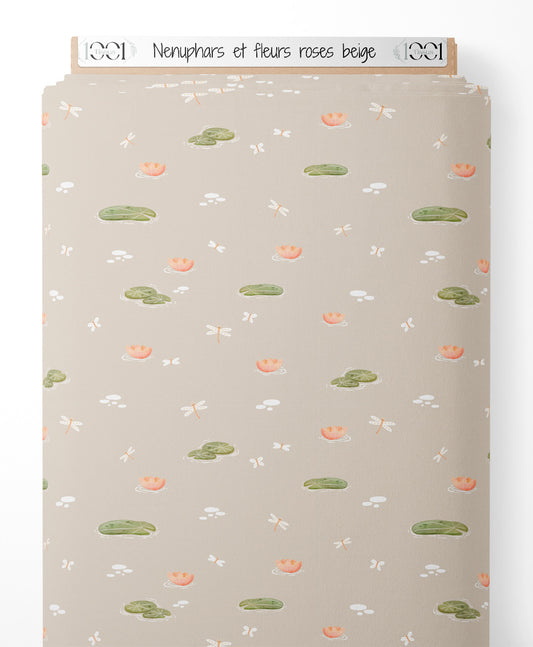 Tissu - Nénuphars et fleurs roses beige