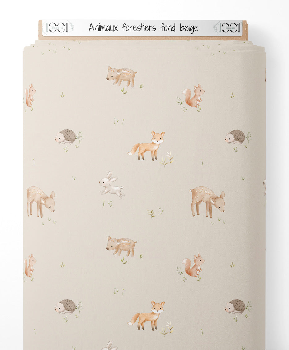 Tissu - Animaux forestiers sur fond beige