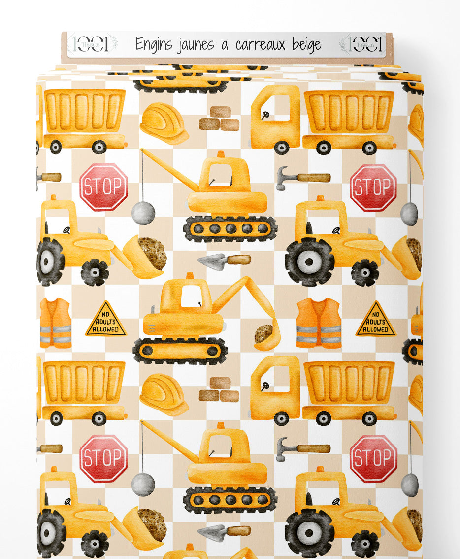 Tissu - Engins jaunes à carreaux beige