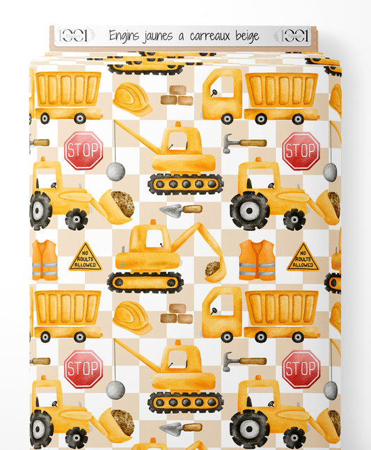 Tissu - Engins jaunes à carreaux beige