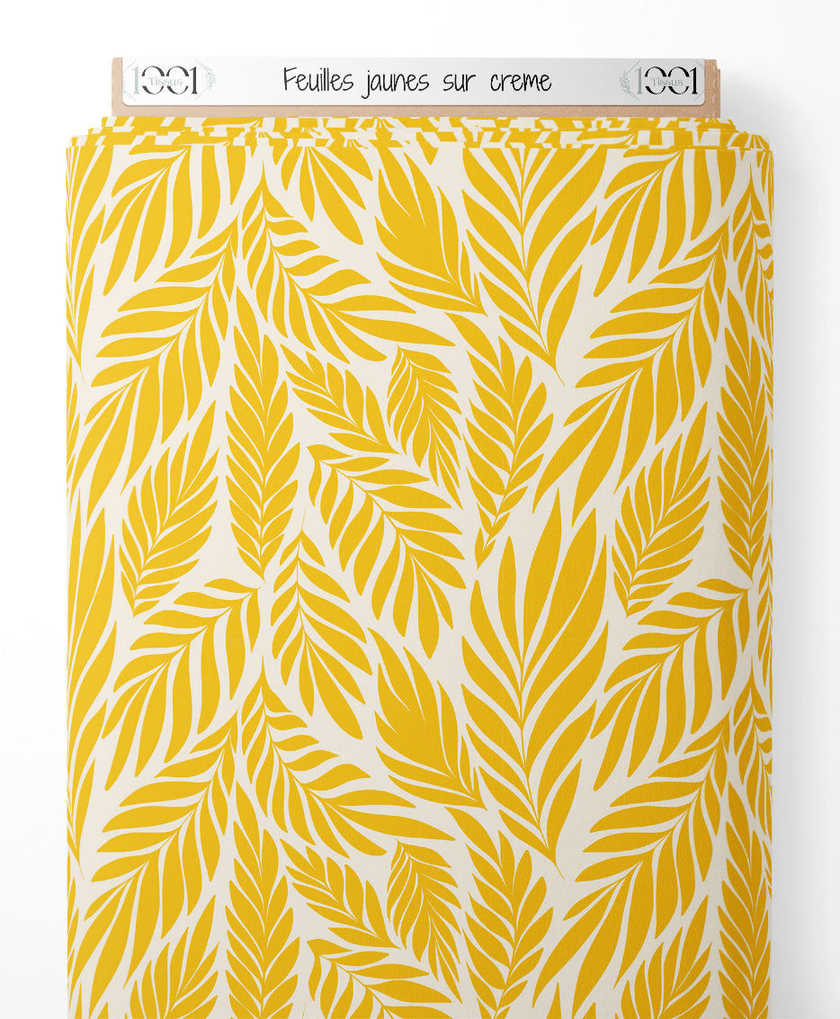 Tissu - Feuilles jaunes sur crème
