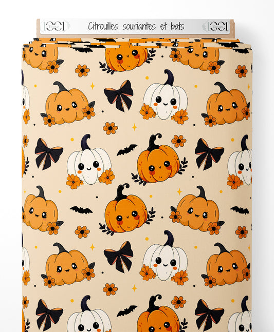 Tissu - Citrouilles souriantes et bats