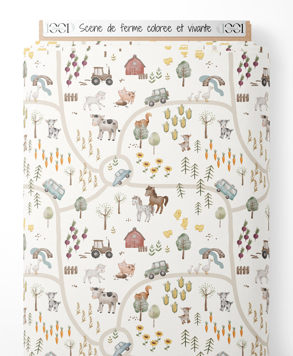 Tissu - Scène de ferme colorée et vivante
