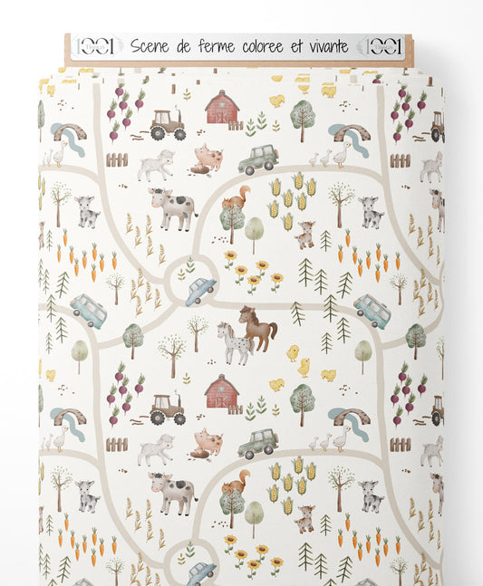 Tissu - Scène de ferme colorée et vivante