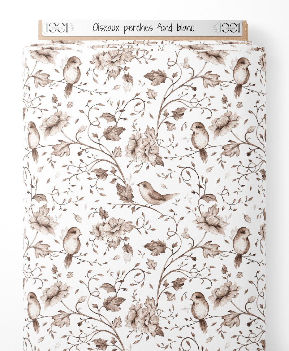 Tissu - Oiseaux perchés sur fond blanc