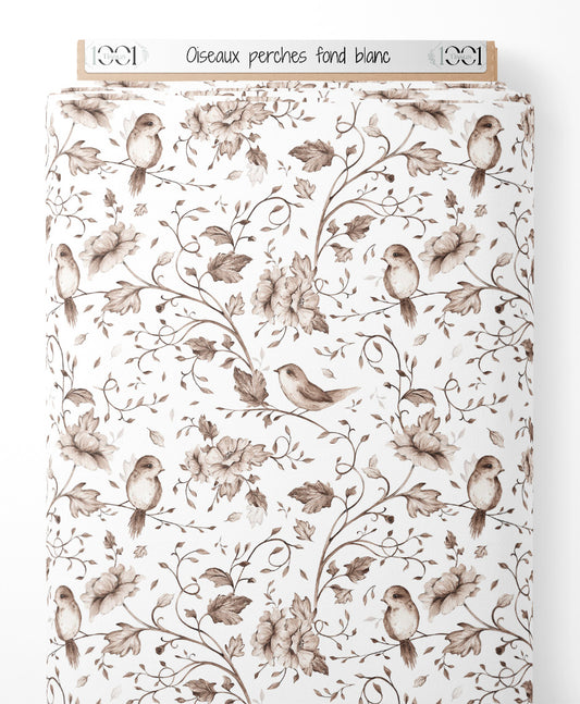 Tissu - Oiseaux perchés sur fond blanc
