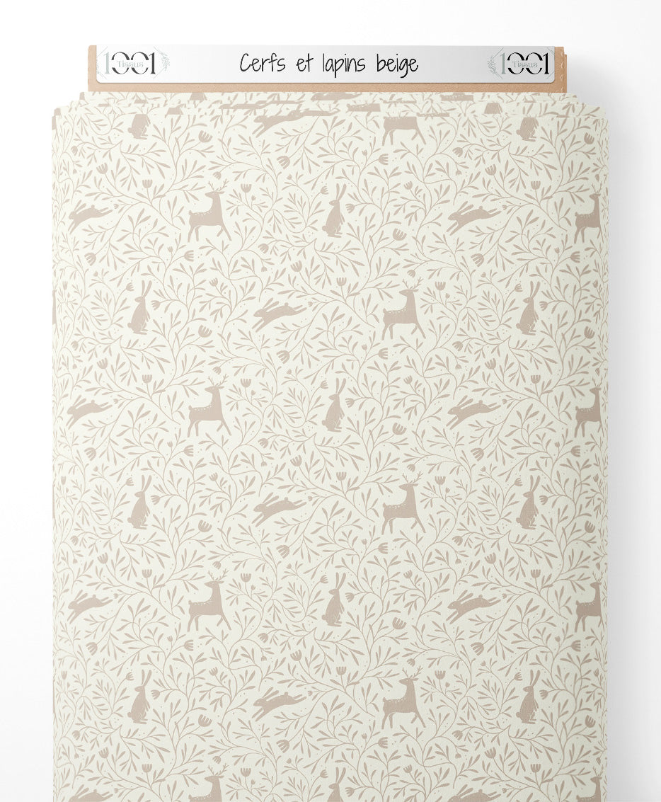 Tissu - Cerfs et lapins beige