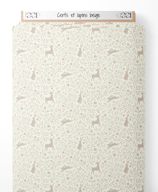 Tissu - Cerfs et lapins beige