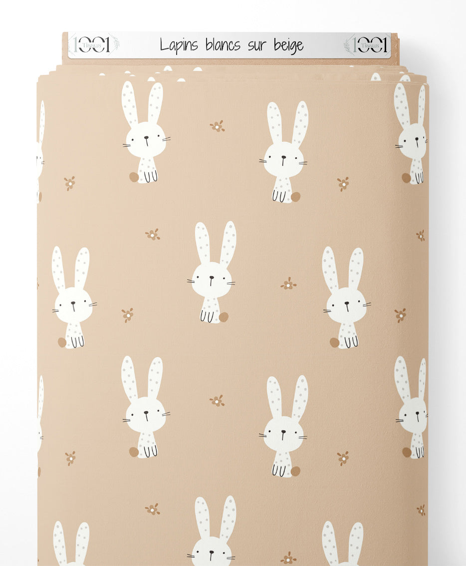 Tissu - Lapins blancs sur beige