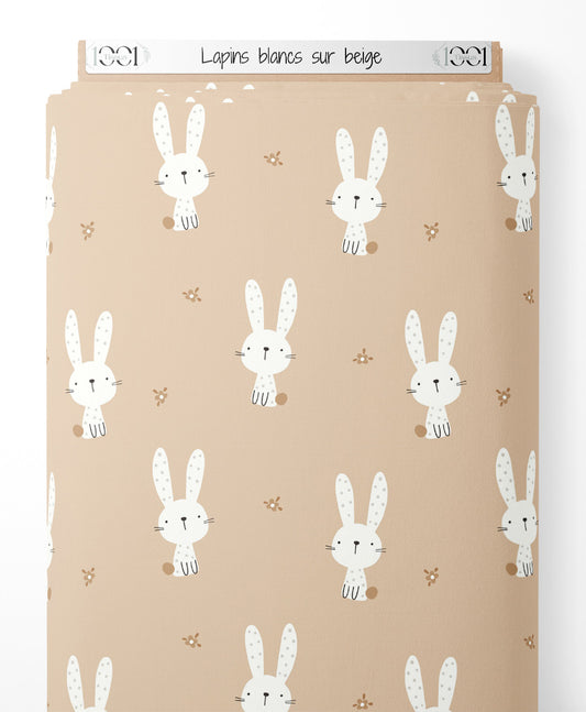 Tissu - Lapins blancs sur beige