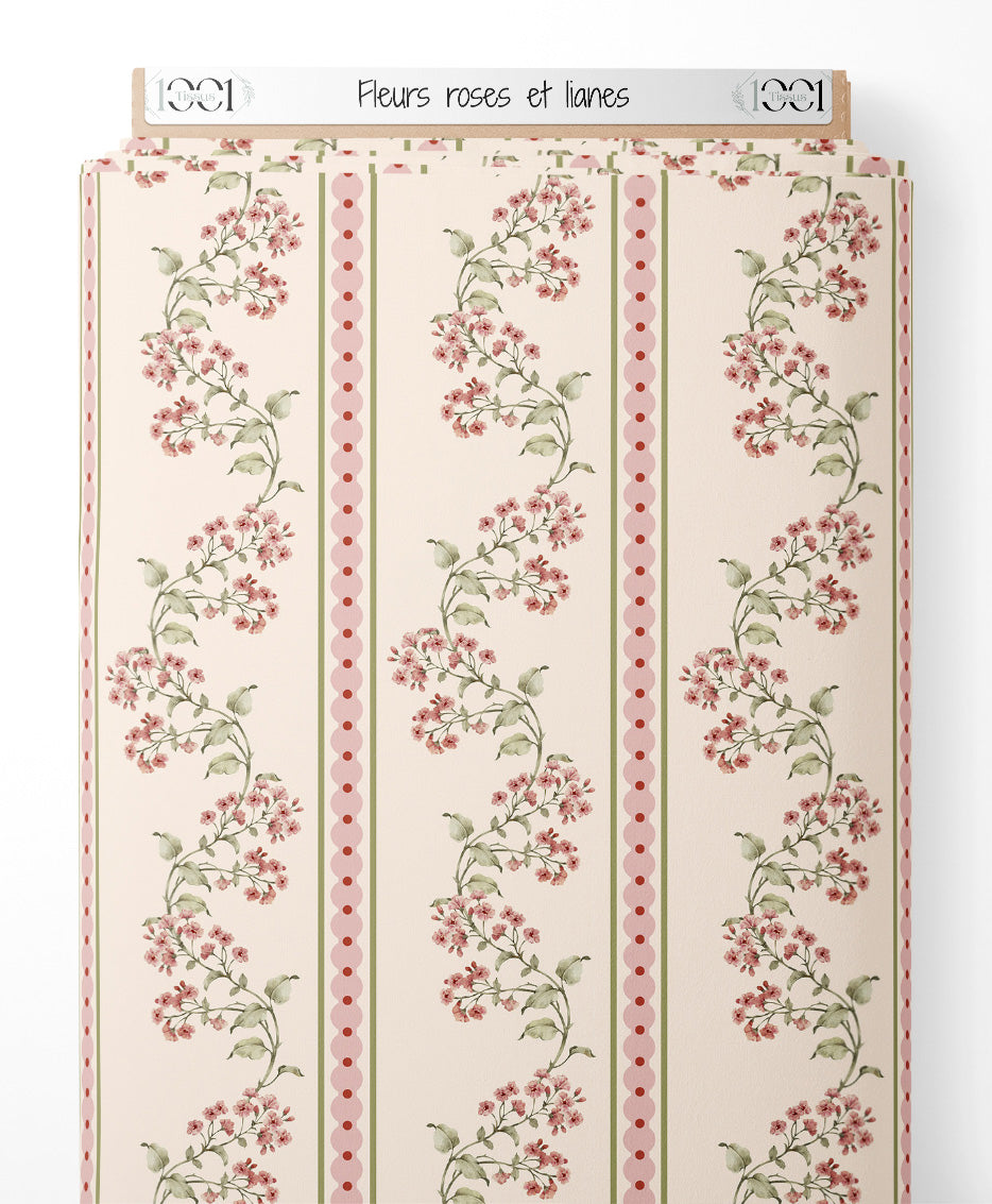 Tissu - Fleurs roses et lianes