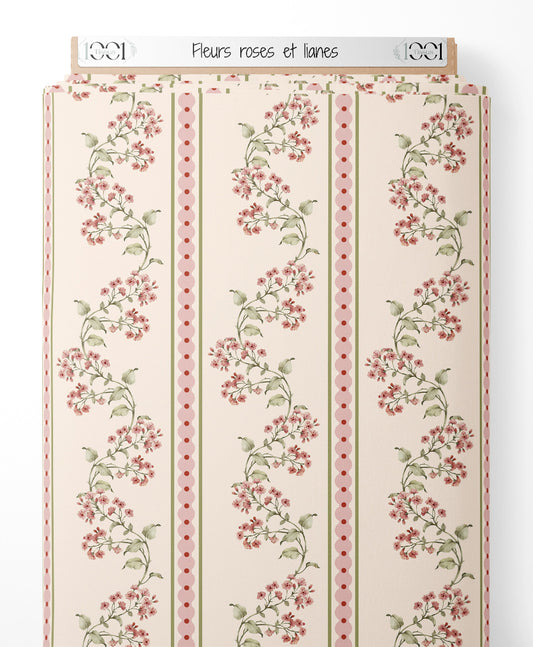Tissu - Fleurs roses et lianes