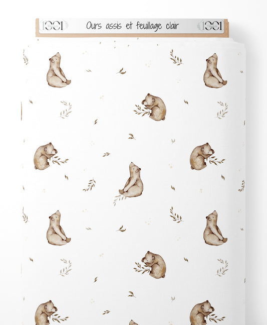 Tissu - Ours assis et feuillage clair