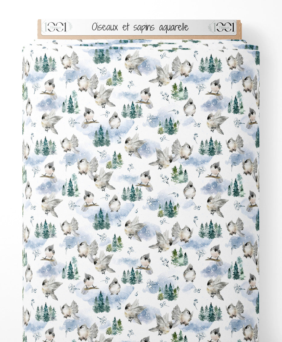 Tissu - Oiseaux et sapins aquarelle