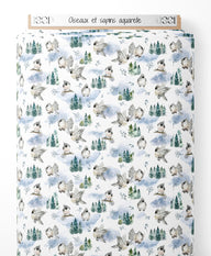 Tissu - Oiseaux et sapins aquarelle
