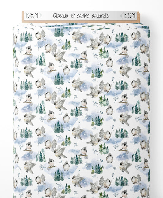 Tissu - Oiseaux et sapins aquarelle