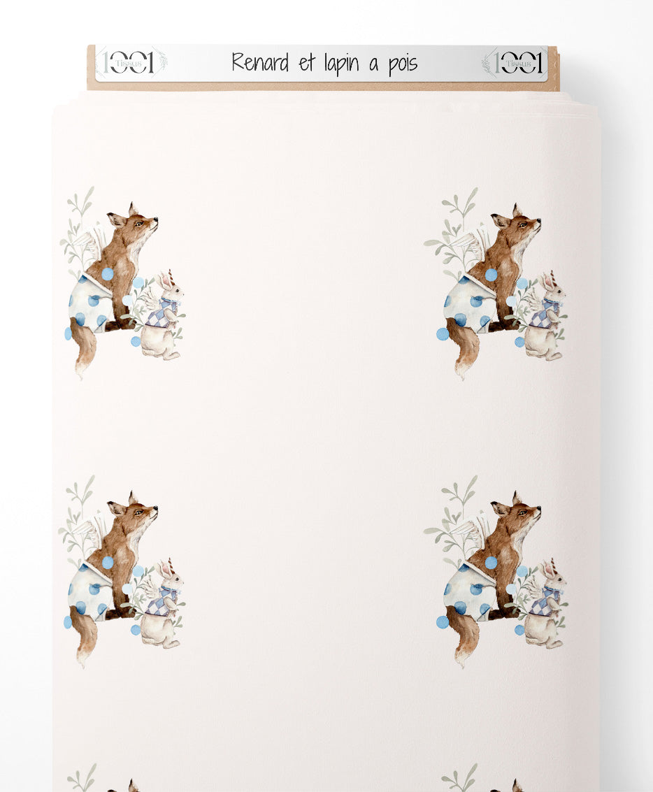 Tissu - Renard et lapin à pois