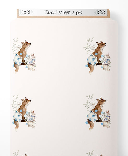 Tissu - Renard et lapin à pois
