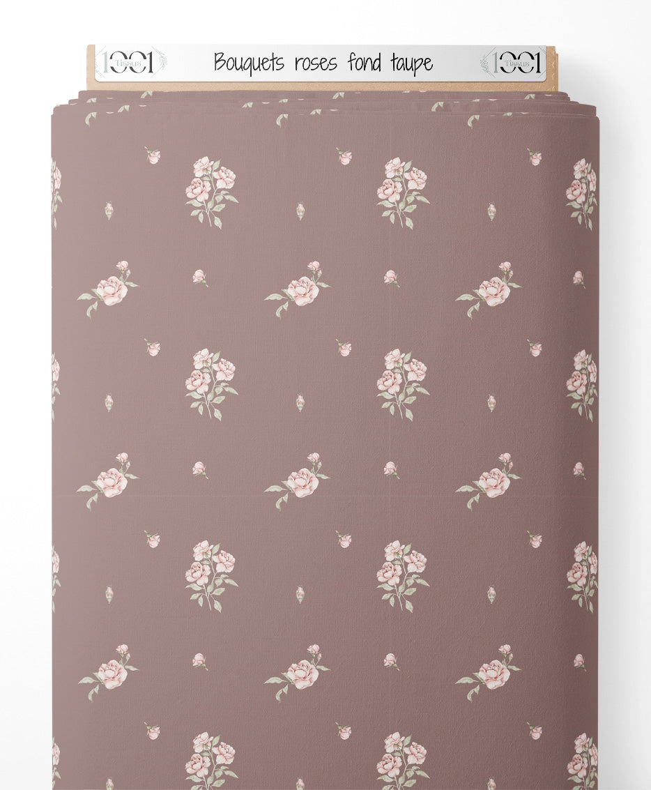 Tissu - Bouquets roses sur fond taupe