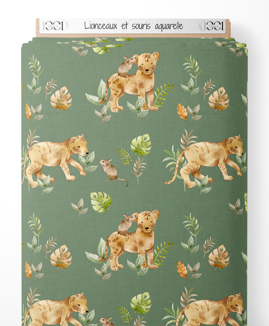 Tissu - Lionceaux et souris aquarelle