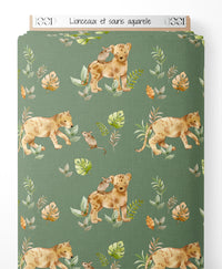 Tissu - Lionceaux et souris aquarelle