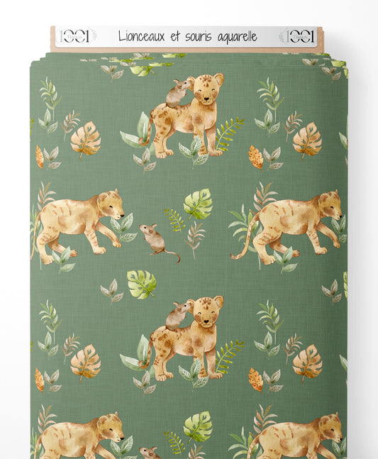 Tissu - Lionceaux et souris aquarelle