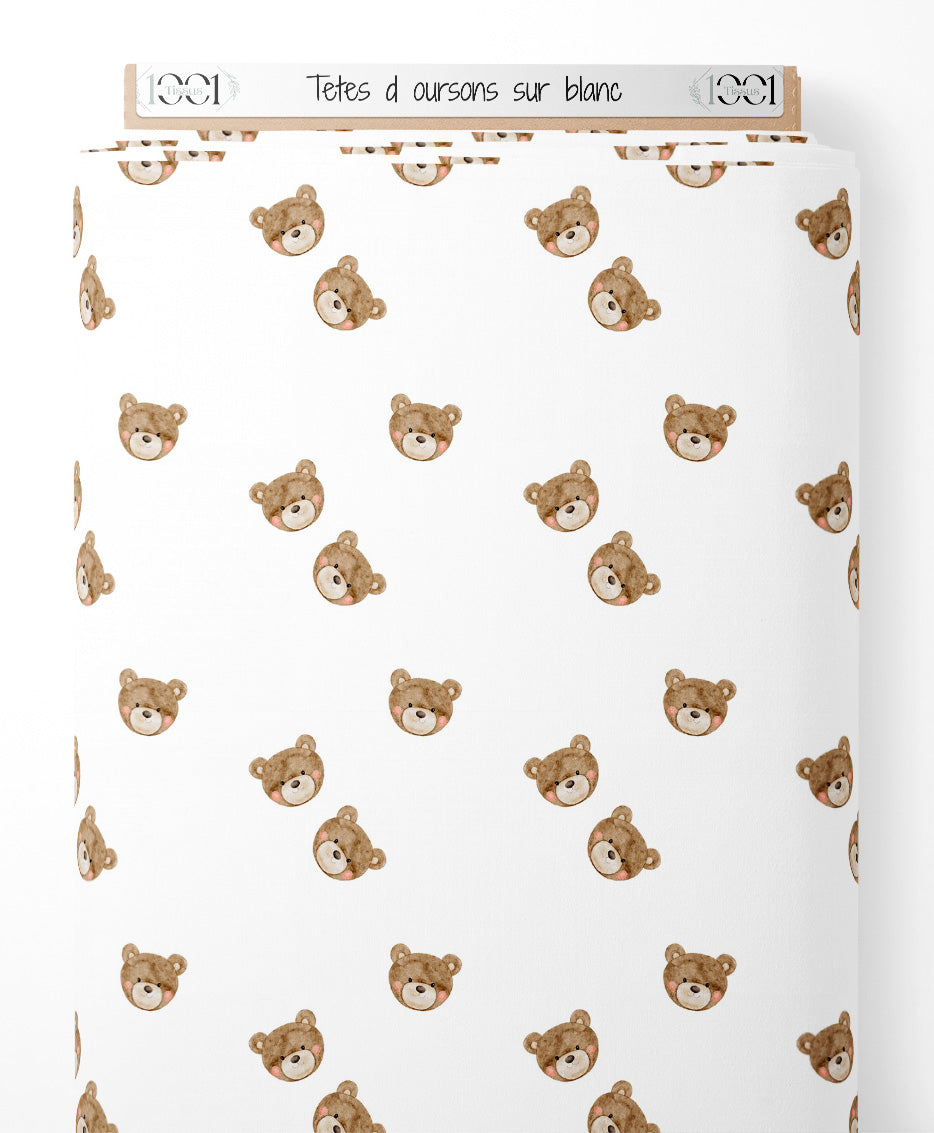 Tissu - Têtes d'oursons sur blanc